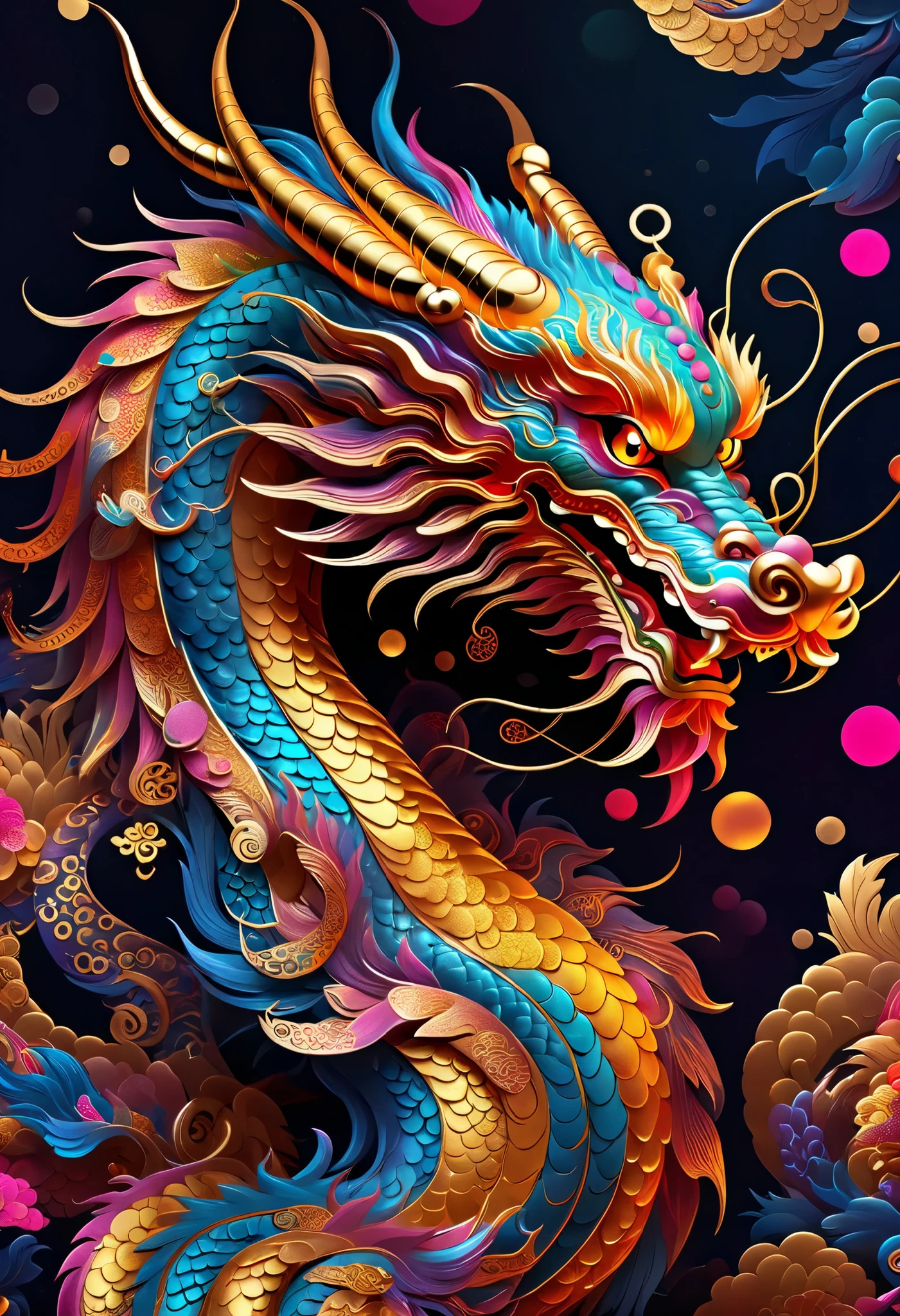 Chinese dragon portrait, (rich and colorful,high detail,vector art)，（Background gold coins heavy rain neon light technology laser）