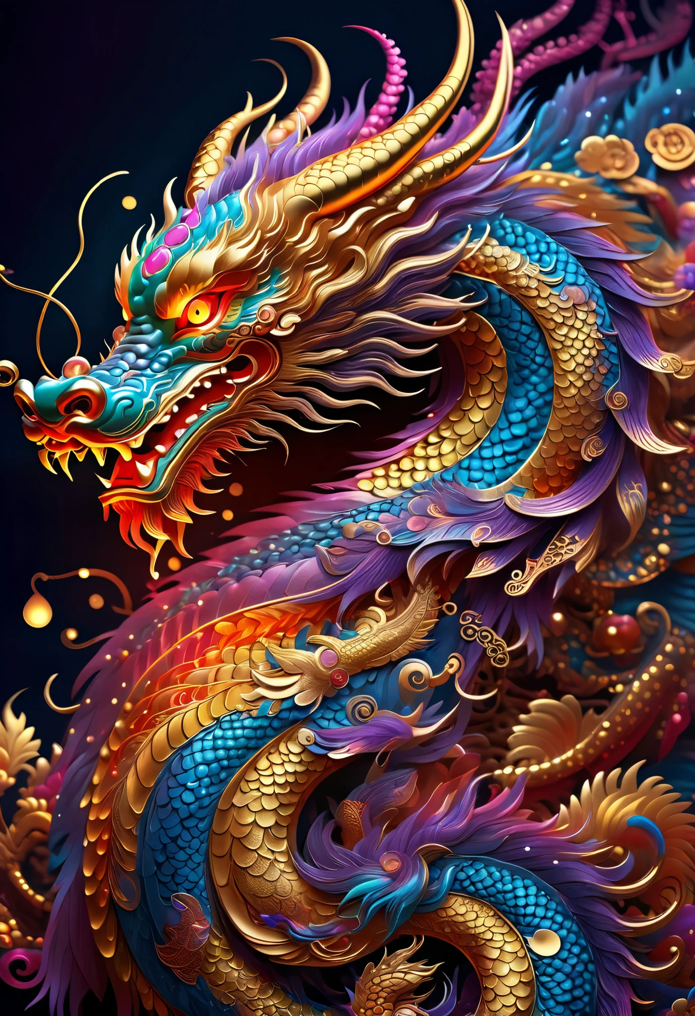 Chinese dragon portrait, (rich and colorful,high detail,vector art)，（Background gold coins heavy rain neon light technology laser）