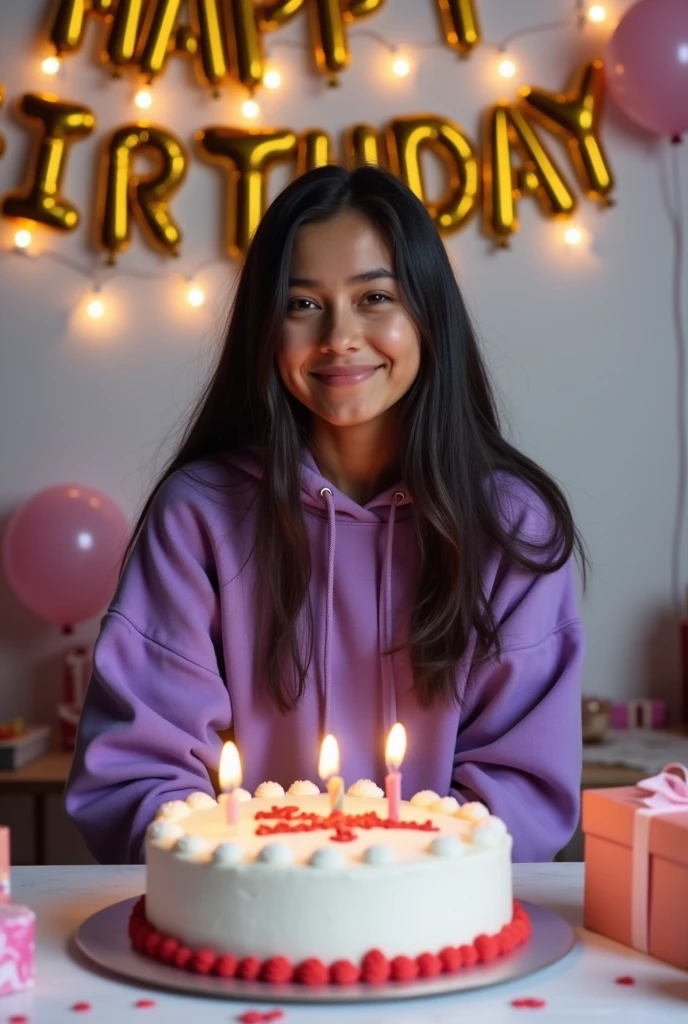 Create a realistic a profile picture where a girl is cutting his birthday cake facing forward in smiling face, purple hoodie, Sitting casually on a Wingback Chair There are giftsIying on the ground along both sides of the chair. and the cake is lying in front of table, my username "sandhya" written on the cake with Red Color, in my background HAPPY BIRTHDAY Sandhya written with Red Colors, with balloons in different colors attached on the white wall,