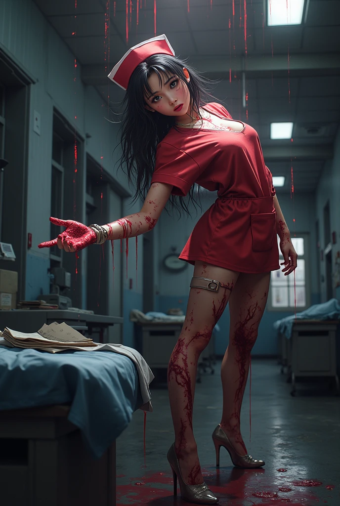 high qulity，Kizi，nurse's outfit，Bloody face，wounded，Open-mouthed，Bloodstained skin，bloodstained clothes，No shoes，zombie，hospitals，an empty hallway