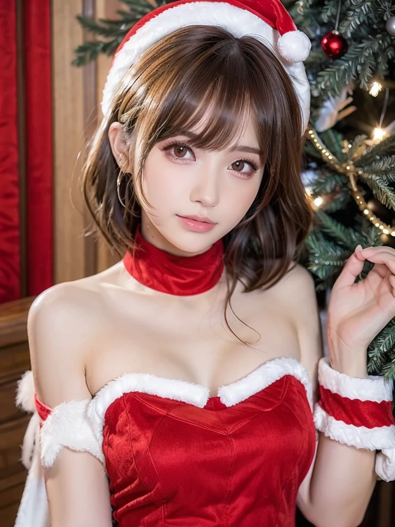 (masterpiece, best quality, ultra detailed,  highres icon),beautiful detailed face,pale skin,realistic glistening skin,intricate cloth texture,flowing hair strands,cinematic lighting,natural lighting,expressive deep brown eyes,ideal body proportions,delicate hands,perfectly drawn fingers,anatomically correct hands,highly detailed background,serene atmosphere,
BREAK off-shoulder
red Christmas costume,white fake fur trim, girl,medium Breasts,soft smile,subtle blush,shoulder-length bob,festive decorations,twinkling lights,decorated Christmas tree,cozy indoor setting,warm color tones,fireplace in background,gentle snowfall outside,joyful holiday mood,elegant pose,charming expression,seasonal attire,｛ raise your hands to show your armpits:1.3｝ eyeshadow、 eyeliner 、mascara