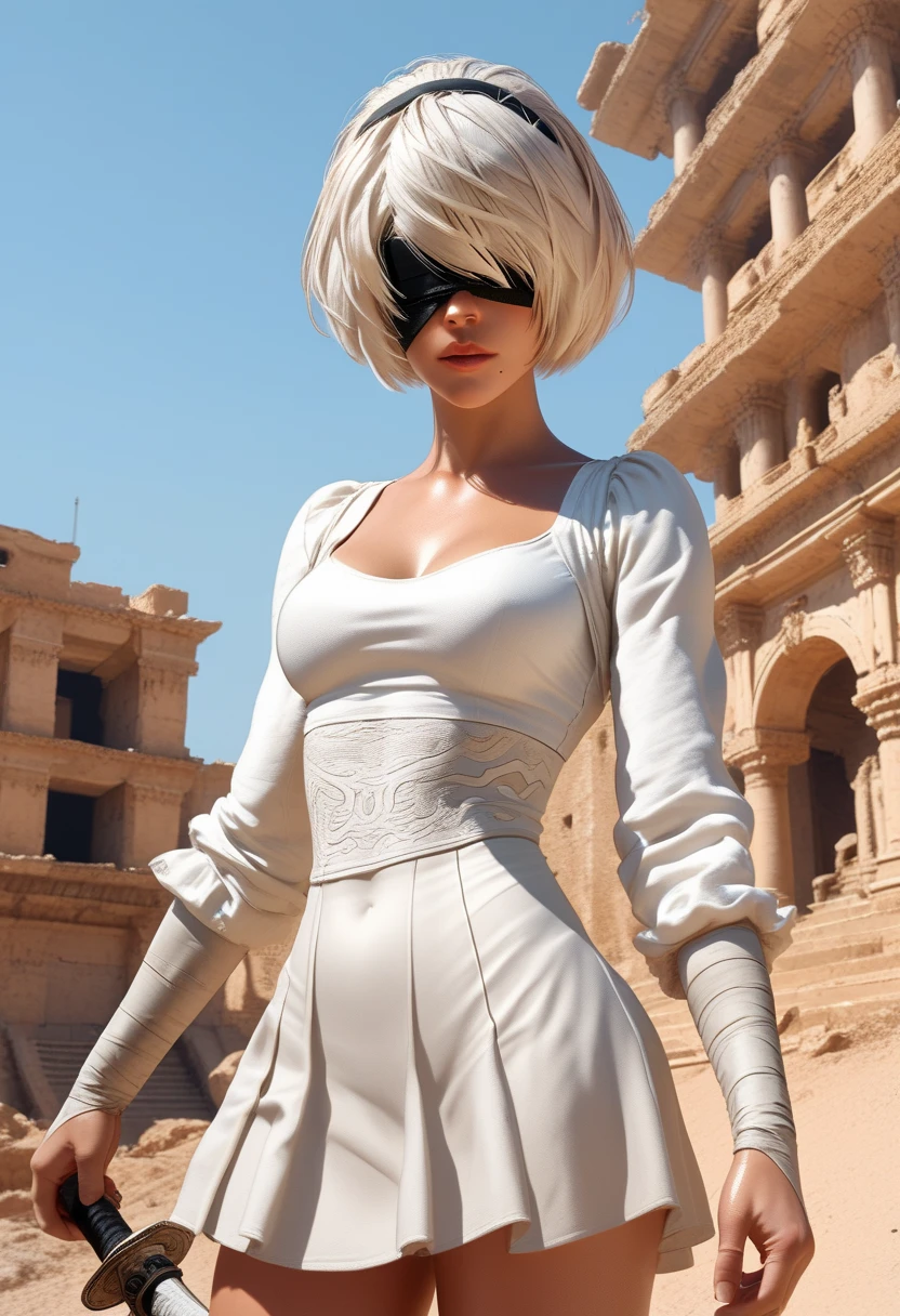 1woman, ((2B)),(Nier Automata 2B), white hair, blindfold over eyes, (ultra-detailed face), accurate face, black tomboy skirt over white leotard, high side slits in skirt, fighting poses, wielding giant katanas in both hands, wide angle, outdoor sandy dunes backdrop, ancient skyscraper ruins in background, PL4YB0YP0S3 