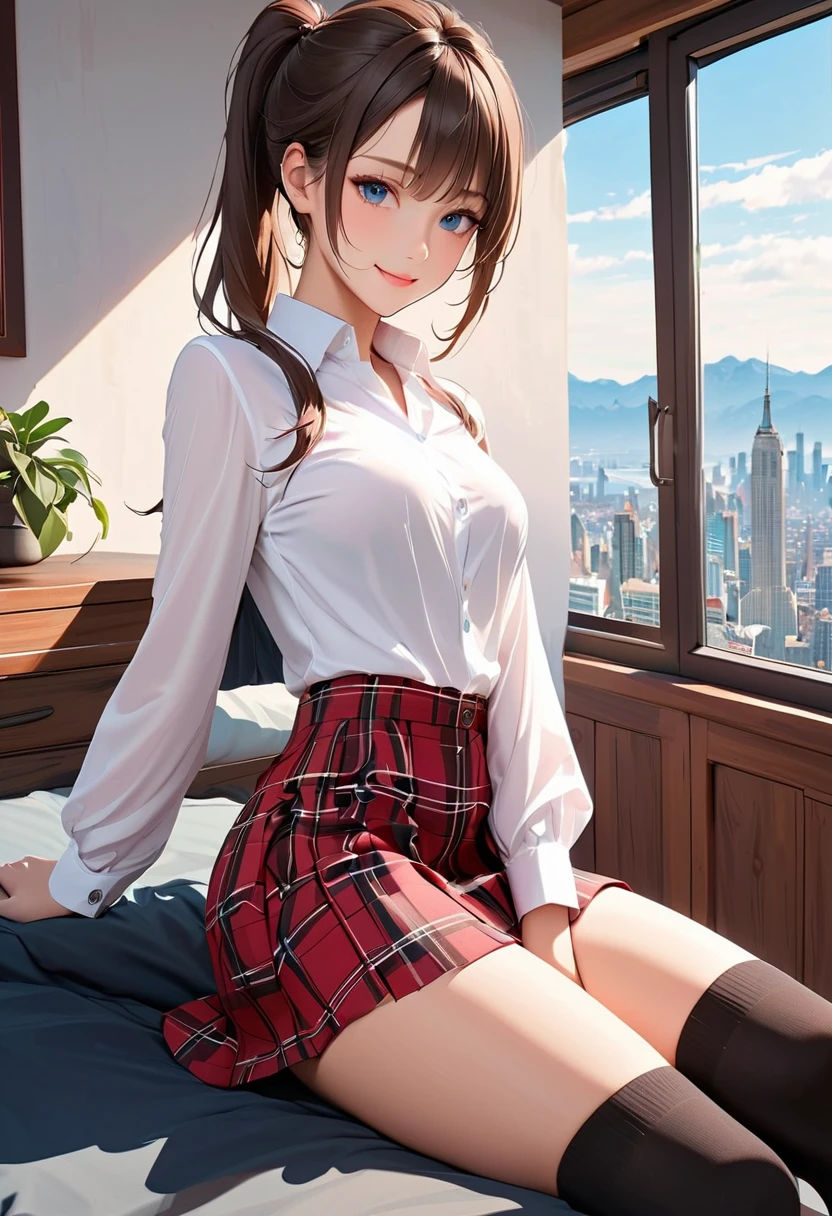 ( top quality), (  masterpiece on penis ), ( high definition ), (  professional writing ), nsfw, room,  detailed background,  white blouse,  Red and Black Plaid Skirt,  black knee socks , (Previous View),  1 girl , ( beautiful face:1.40),  slender body ,  fine skin, smile, long ponytail brown hair,  Sky Blue Eyes