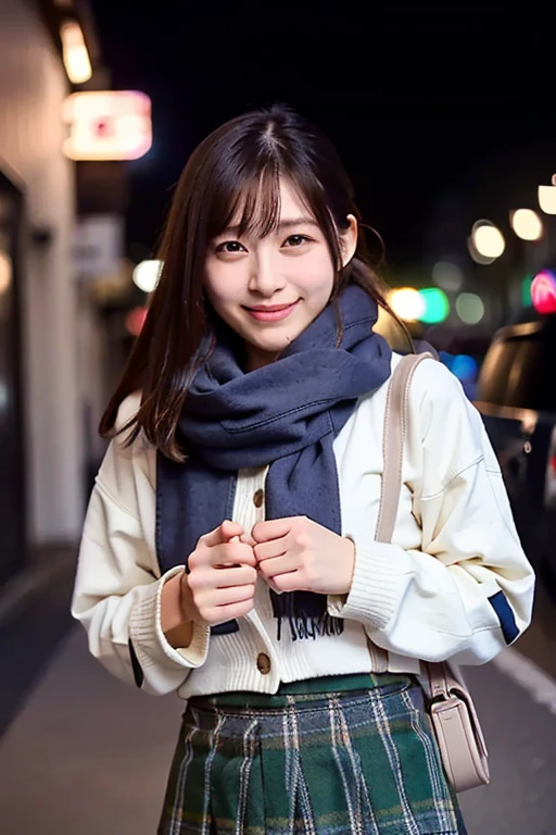 NSFW,highest quality,excellent details,ultra high resolution,1 girl, smile,teeth,looking at camera,19 years old,bob hair,straight hair,downtown at night,scarf,No panties,pussy,thighs,crowd,earrings,bag