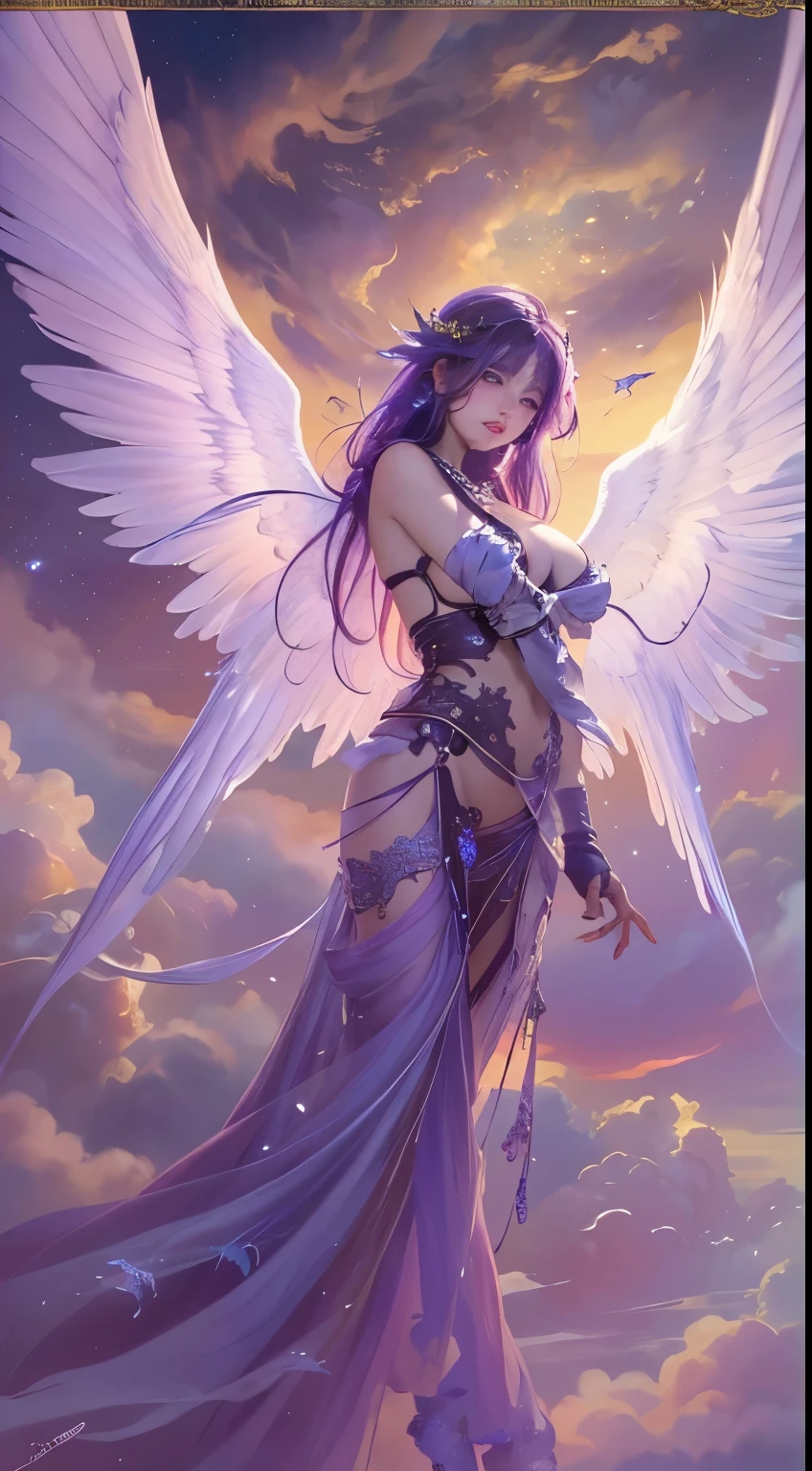 SEX、A sexy、((top-quality))、((masterpiece))、detail portrayal、seductive succubus、Fantastic beauty、Float above the clouds、(fantasy illustrations:1.3)、a captivating gaze、Pose Seductive、Delicate wings、Otherworldly charm、mystical sky、(By Luis Royo:1.shitaka Amano:1.1)、Moon Night、Soft colors、(detailed cloudscape:1.3)、(hight resolution:1.2)
