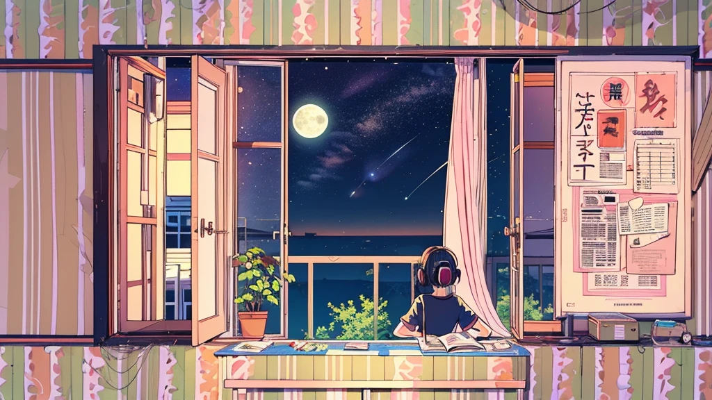 (lofi), (1 girl, black hair, t-shirt, headphone), (room with Japanese posters, moon and starry sky outside the window, quiet night), nostalgic