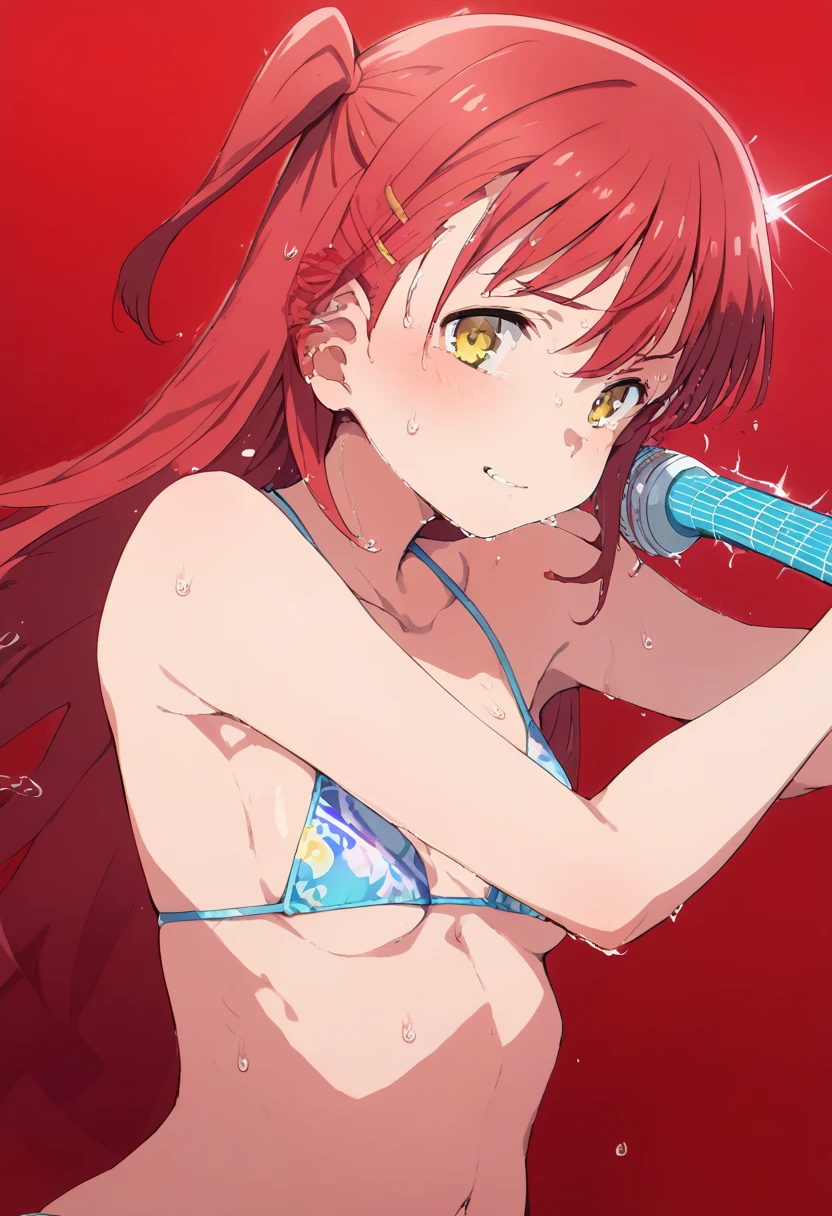 pt，Vibrant color scheme，Manifestation， wet and shiny skin,sweat,Live,（ red hair），Completely naked,1Girl, Left Side Up, hair about the length of the back,セミロhmmグヘア，Sing while playing a light blue guitar,Small breasts,Kita Ikuyo，Yellow Eyes,Kita ～hmm☆,1959 Gibson Les Paul Junior DC - Pelham Blue, Live House,red theme background dark,bikini