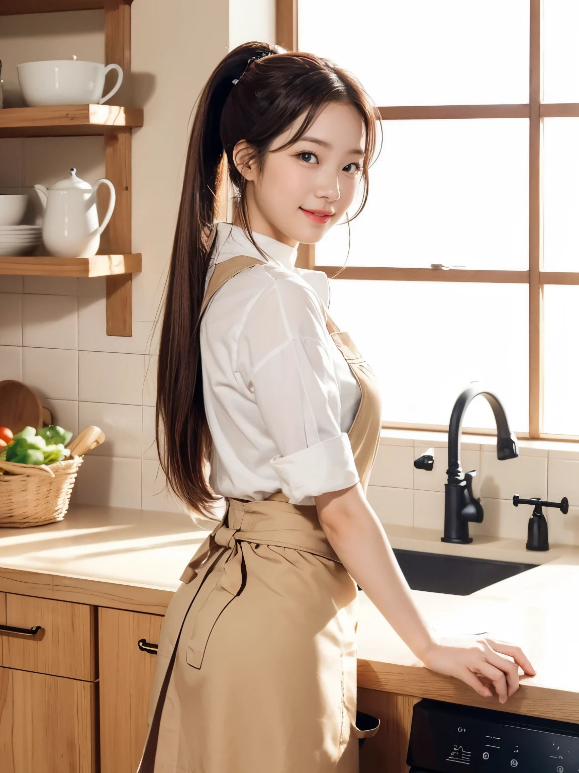 A young woman in a cozy kitchen, dressed in a casual yet stylish apron over a light-colored blouse and skirt, is cooking at the counter. She is holding a wooden spoon in one hand and has just turned her head to look back with a warm and inviting smile. The kitchen is softly lit, with natural sunlight streaming through a nearby window, highlighting her hair and face. The background includes details such as a cutting board with fresh vegetables, a pot simmering on the stove, and neatly arranged kitchenware, creating a lively and homely atmosphere. Her expression is cheerful and welcoming, as if inviting someone to join her., (High ponytail)