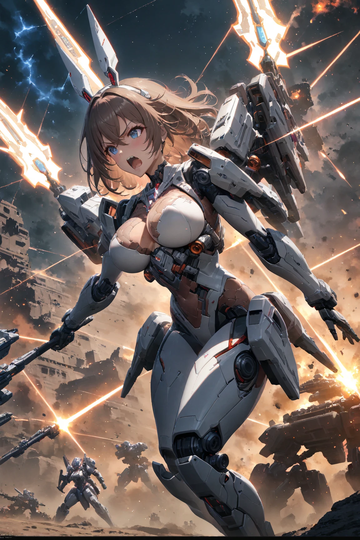 Full body,
(Holding a spear made of green beams:1.3),
(A cool and sexy white exoskeleton with exposed skin:1.1),
exposed skin, 
large breasts, 
looking away,
(shouting:1.3),
Reddish-brown, 
shoulder-length hair with crossed bangs,
Blue eyes,
Mechanical rabbit ears,
(Intense battlefield with a space firefight:1.1),
romantic lighting, 
UHD, best quality, highres, high details, best quality, textured skin, super detail, traditional patterns integrated into the exoskeleton.