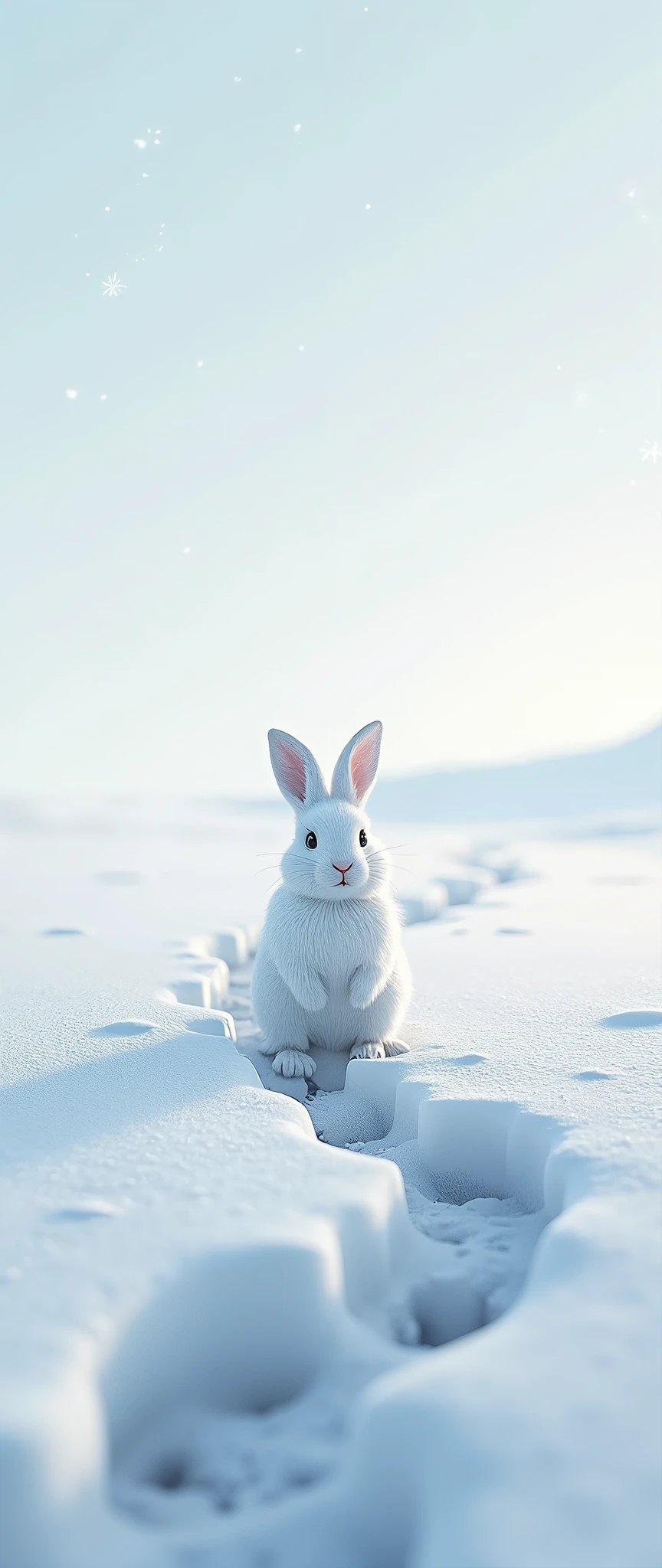 Snowy Plains、 Focus on the Footprints of Snow Hats Left in Fresh Snow、Snow Rabbit at the End of the Footprints 