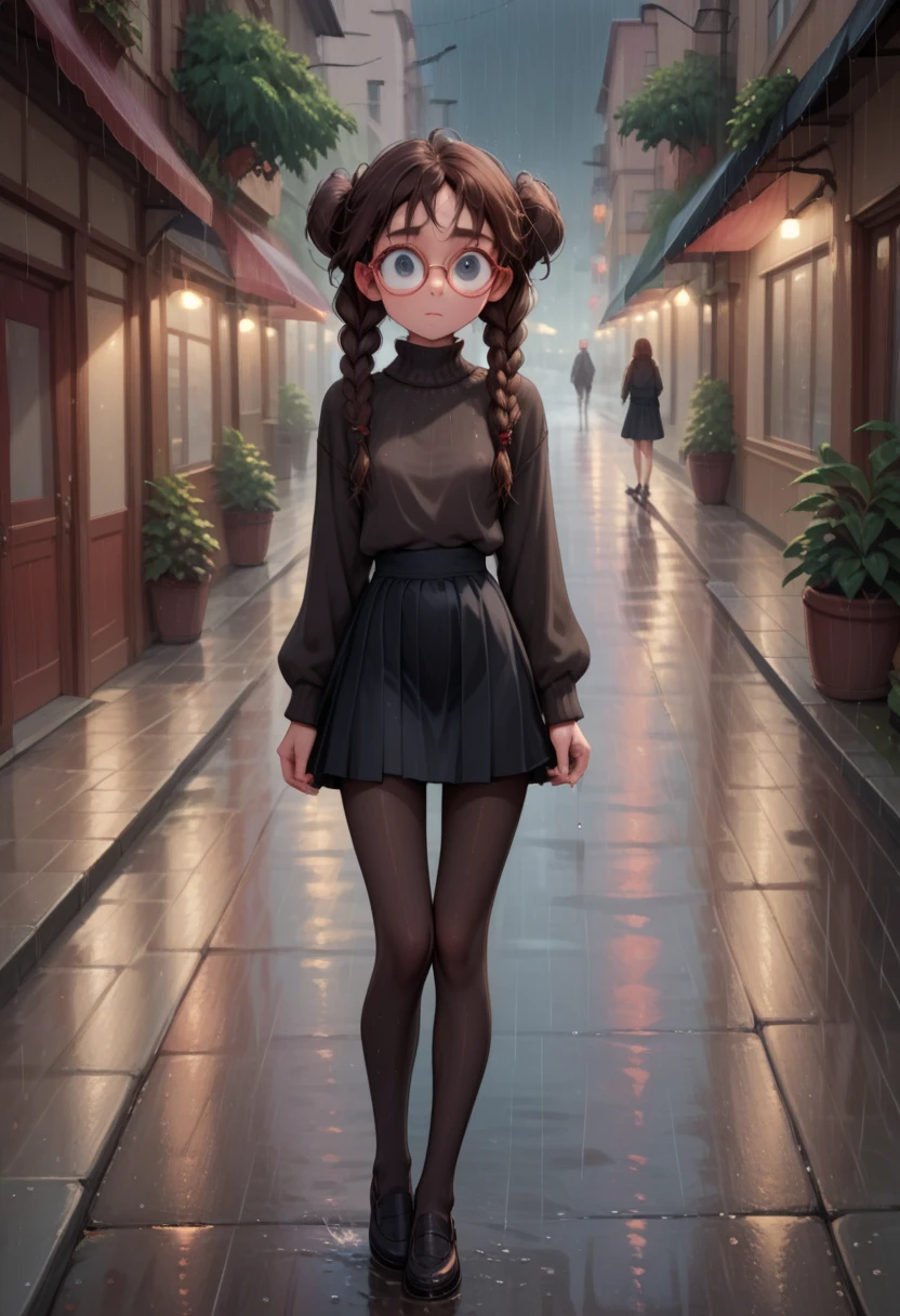 Small girl, young, full body, (solo 0.6), dark brown hair, braids, twintails, messy braids, puffy hair, messy hair, very long hair, skinny girl, skinny body, skinny legs, skinny thighs, slender body, thin waist, flat chest, indoors, (solid black sweater 0.9), black sweater, solid black skirt,  black clothing, medium length skirt, knee length skirt, black pantyhose, glasses, pov, outdoors, sidewalk, raining, heavy rain, looking up, wet hair, wet clothes, big eyes, hard erect nipples, cute, (don bluth style 0.9)