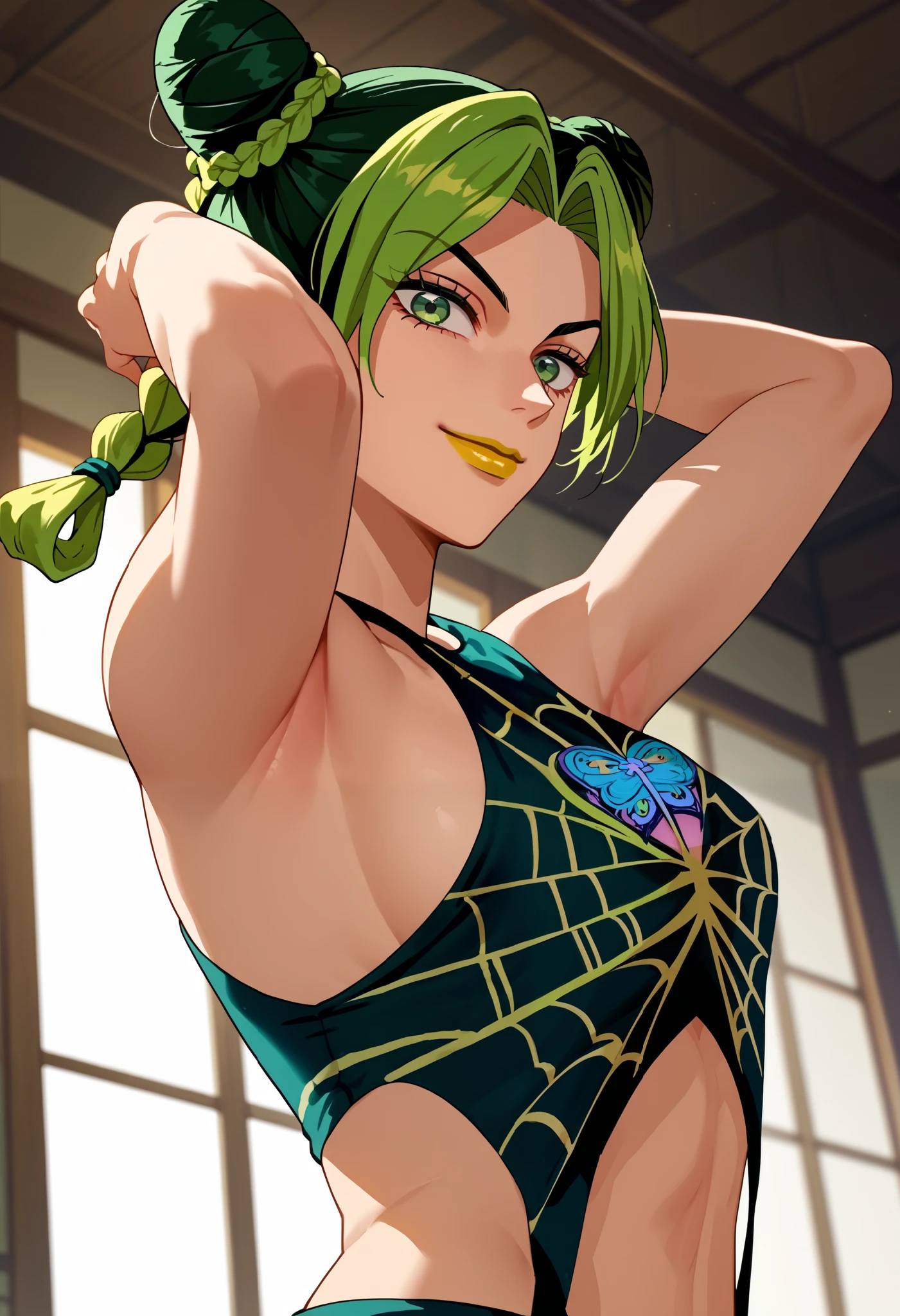 score_9, score_8_up, score_7_up, source_anime, anime screencap, inside, 1 girl, alone, kjolyne, green eyes, two-tone hair, green hair, black hair, double bun, braided bun, braided ponytail, yellow lips, lipstick, make up, spider web print, looking at viewer, head turned towards viewer, bare shoulders, bare arms, arm behind head, armpit, (smile:1.1), closed mouth, (from the side, from below:1.1)