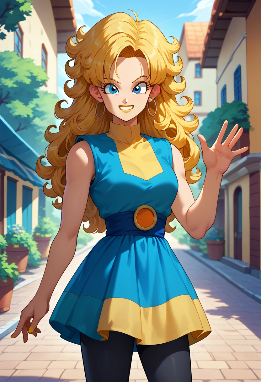 artwork, best qualityer, high resolution, aaandro, chestnut hair, long hair, curly hair, blue eyes, hoop earrings, two-tone dress, plaid dress, sleeveless, black tights, dragon ball, outdoor, waving, smile, yellow lipstick,