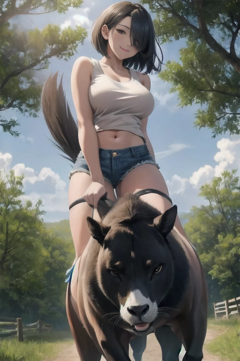 masterpiece,  top quality ,Ultra HD Explained,Full HD,16k, Super resolution , accurate human body,Correct human anatomy,relax, smile,(( Vast Prairie )),((((Riding an animal :1.8,Beautiful operation)))),  One woman riding an animal:2.0, viewer,(( black hair ,  short bob _Cover one eye,Black Eyes , Beautiful White Skin )),( open your eyes, penetrates ,Sexy and attractive body _ far beyond age:1.5, Well-balanced limbs:1.6, long legs ) ((Abnormally large breasts_K-Cup_ beautifully shaped breasts )),((( black tank top,Navel exposed, denim hotpants that span a tree))),, Japanese,Colours of the 90s, bust shot:1.8,Active Angle,Front View, chest in the background:1.4.