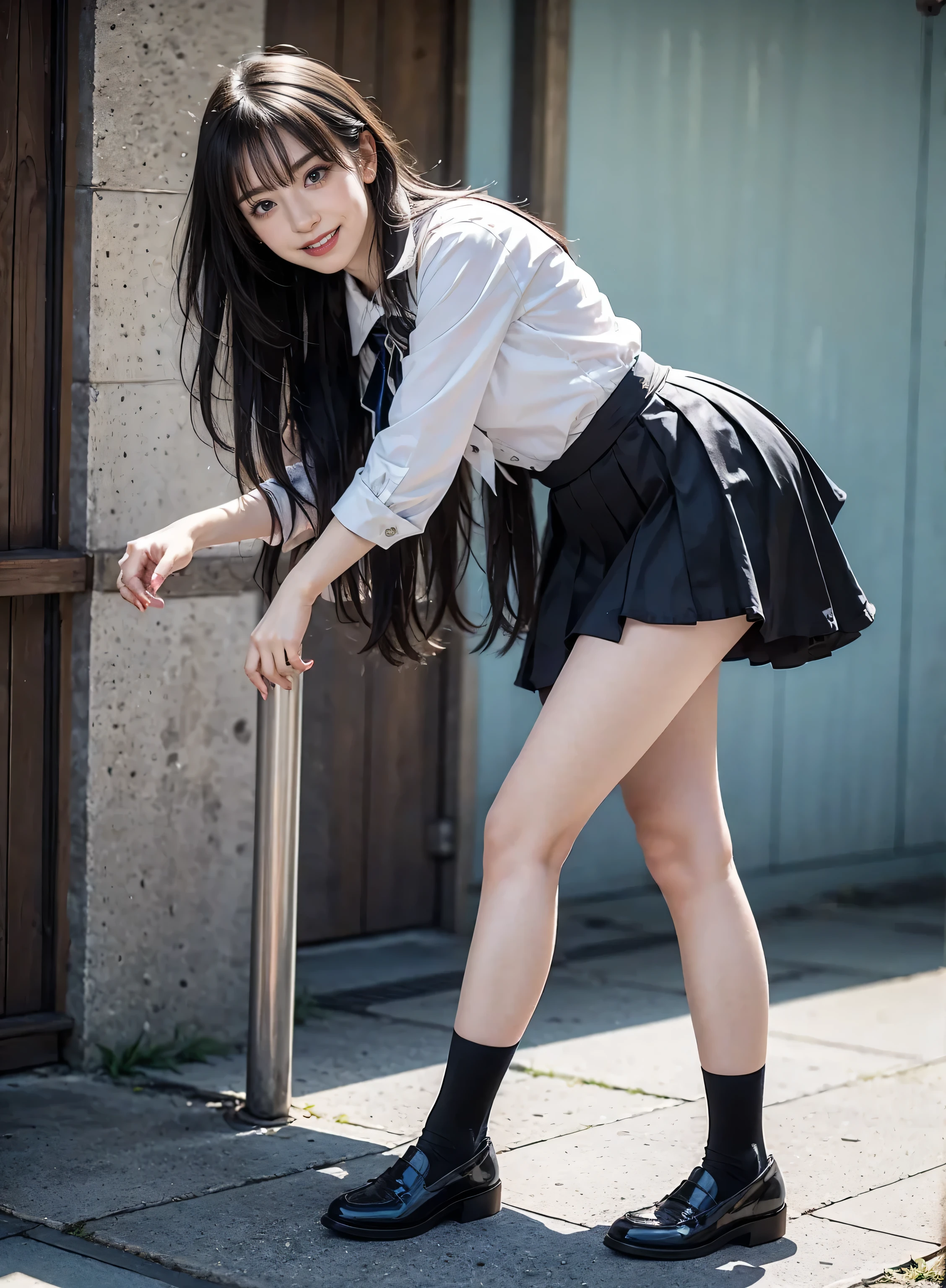 arafed asian woman in a skirt and a white shirt posing for a picture, japanese school uniform, japanese girl school uniform, wearing japanese school uniform, young gravure idol, realistic young gravure idol, young pretty gravure idol, Seifuku, cute schoolgirl, young skinny gravure idol, japanese model, jk uniform, beautiful anime high school girl, smile, wear black thigh high socks, Wear loafers,  video ,  long foot,  slender , whole body,  long black hair straight,