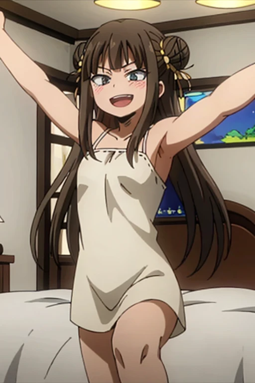 1girl, yuuki mikan, brown hair, yellow eyes, hair ornaments, long hair, , wavy hair, small breasts, , looking at viewer, , indoors, bikini,smile,socks