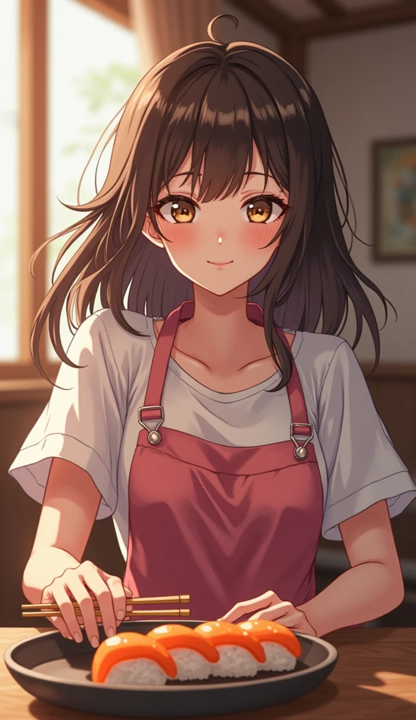 (masterpiece:1.4),, (highest quality:1.4),, Ultra-high resolution,, 8k, CG,, (Very delicate and beautiful:1.2),, , whole body,,from the front,, View your viewers,, , One Girl,, alone,, Robber Girl,, Mature Girls,, , cute, sweet,, ,kitchen,, Blurred Background,, ,ponytail, ,, , 茶colorの目,, color々performance,, Red lips,, , Face blown by the wind,, Black Hair ,Small breasts,((Naked apron))