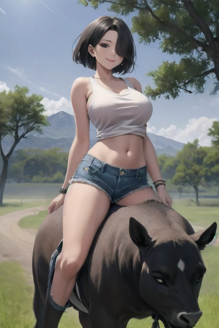 masterpiece,  top quality ,Ultra HD Explained,Full HD,16k, Super resolution , accurate human body,Correct human anatomy,relax, smile,(( Vast Prairie )),((((Riding an animal :1.8,Beautiful operation)))),  One woman riding an animal:2.0, viewer,(( black hair ,  short bob _Cover one eye,Black Eyes , Beautiful White Skin )),( open your eyes, penetrates ,Sexy and attractive body _ far beyond age:1.5, Well-balanced limbs:1.6, long legs ) ((Abnormally large breasts_K-Cup_ beautifully shaped breasts )),((( black tank top,Navel exposed, denim hotpants that span a tree))),, Japanese,Colours of the 90s, bust shot:1.8,Active Angle,Front View, chest in the background:1.4.