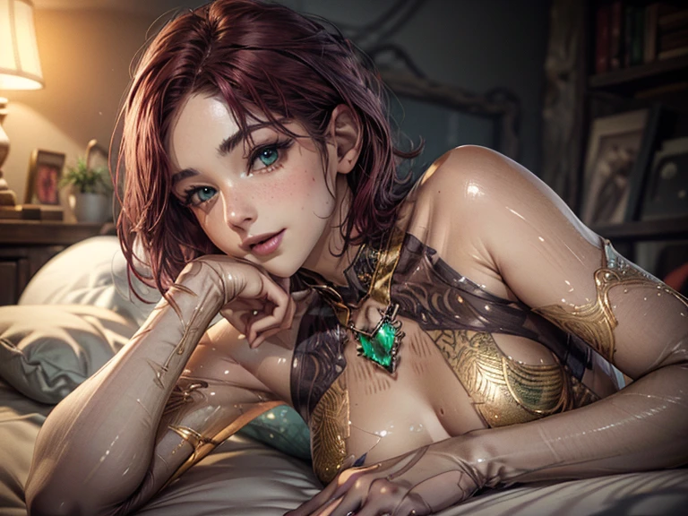 portrait.  pillow .  short,   red hair ,  green eyes ,  gold jewelry, emerald jewelry, nu, skin shiny with moisture ,  smiling girl . ((elegance.  photorealism . Unreal Engine.  3d Model.  Highest quality textures.  High detail .  8k resolution))