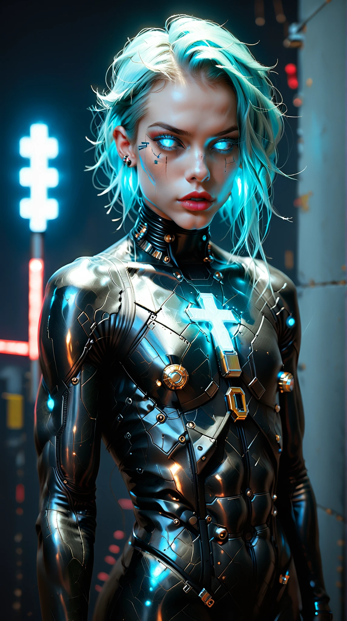 (nsfw:1), (Uncensored:1), score_9, score_8_up, score_7_up, (three quarters Shot), (1 girl), (asian), beautiful age (skinny) muscular goth cyborg girl, (full Cybernetic bodysuit:1.5), (black sclera:1.5), (blue glowing eyes:1.5), (blue glowing body veins:1.5), (flat chest:1.25), (blue glowing hair:1.25), (beautiful face:1.25), (bodybuilder femboy physique:1.5), (skinny long legs:0.75), (intricate gold filigree:1.5), bimbo lips, cowboy shot, cybernetic, mechanoid body parts, exposed cables and circuits, neon lights, gothic neon style, cyber punk style, super realistic image, beautiful digital paint ,TeslaPunkAI, hyper Realistic illustrations, CyberRealistic_Negative_PONY