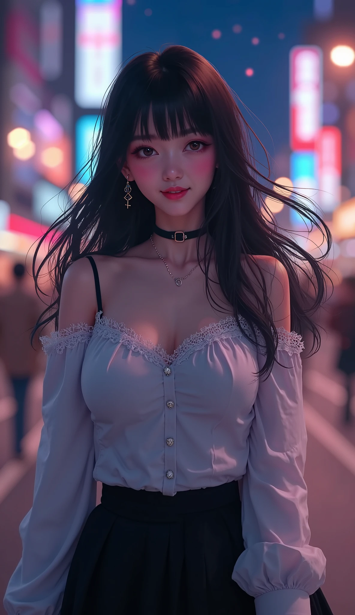 (best quality, ultra-detailed, photorealistic: 1.39), bright and vibrant colors, studio lighting, romantic expression, An effeminate girl, with a delicate and beautiful face. She is a girl who reflects seductive beauty, sparkling eyes, A Beautiful and adult tattooed woman and voluminous curly black hair, hair clip, crying a seductive 2 woman with big breasts seduces, matches the makeup, with her large breasts seduces, Turtleneck sweater, white wool, sleeveless, beautiful sweater dress, sitting, with beautiful legs, ankle boots, with her blue eyes that matches her soft smile, beautiful style, in a beautiful pose demonstrating her seduction on the in the park at night, beautiful event style decoration with lights and fireworks, night with soft lighting, anime style, like a manwha character