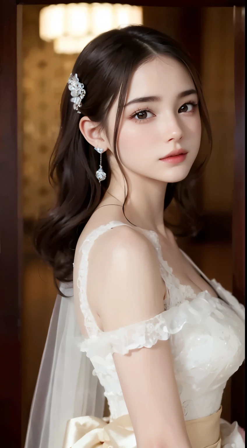 (surrealism), (highest resolution), (8k), (very detailed),  (beautiful and delicate eyes), (top quality), (very detailed), (masterpiece), (detailed face), selfie、faces、soft focus、Japanese,  gorgeous wedding dress、Tierra、Western style room、 location、afternoon、castle、emma watson&#39;s face、Sensual pose、giant 