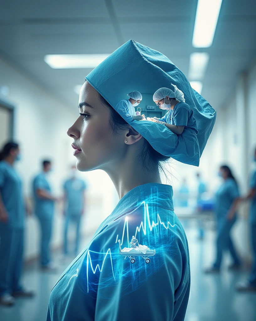 A cinematic poster of a healthcare worker wearing a Nurse and nurse cap, with a double exposure effect showing scenes of medical care and human compassion. The background features an abstract heartbeat line glowing in blue, connecting various moments: a nurses mens, and nurses womansr performing surgery, a patient being comforted, and medical staff rushing with a stretcher in a hospital hallway. The composition is dramatic and emotional, with cool tones of blue and white dominating the scene, creating a professional yet heartfelt atmosphere"