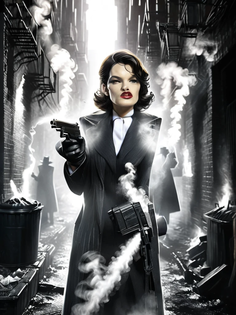 woman holding a tommy_gun, dirty alley, garbage, crowded, smoke,  1940, detective noir mad-sincity, (masterpiece:1.2), best quality, (hyperdetailed, highest detailed:1.2), high resolution textures