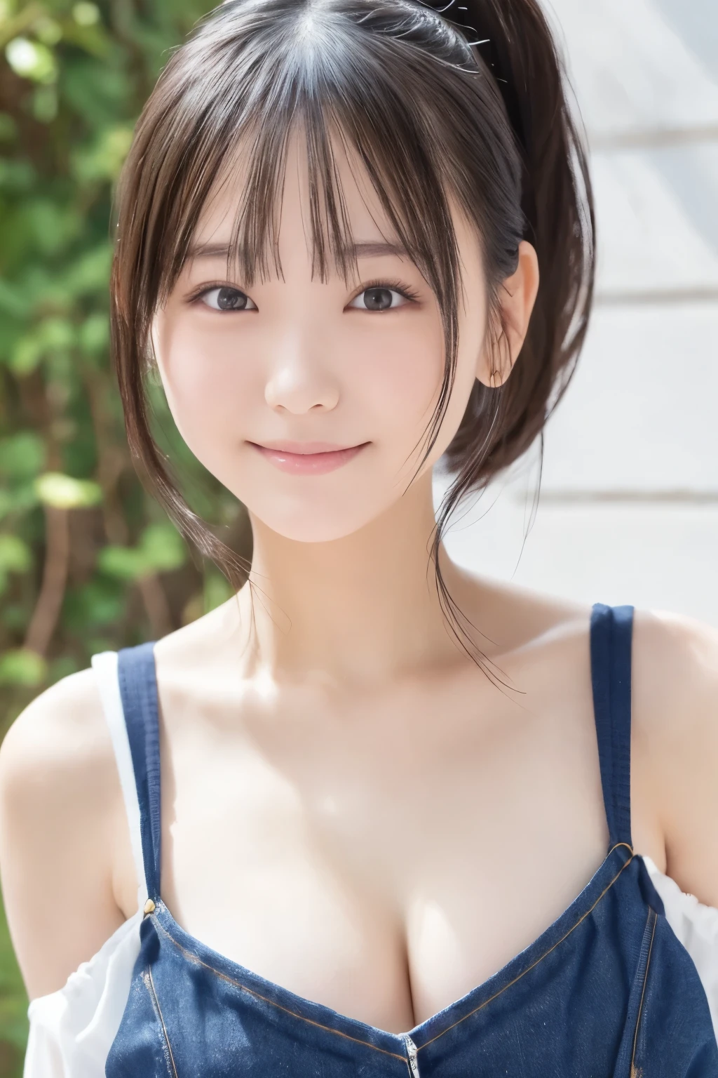 Sleeveless,  ponytail, Japanese Girls, 8k, Legal Photography, Best Quality, masterpiece, Realistic, Super detailed , One Girl, cute, The best smile,  beautiful eyes, Long Hair,  perfect face、Cleavage、front、 looking at the camera 、 shortcuts, look at me、front、 off-shoulder 、 お風呂Two girls on good terms、 skinny jeans、whole body、