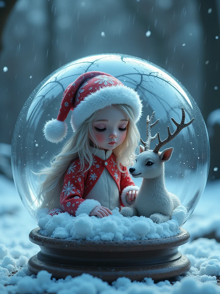 photorealistic of a  frozen Santa girl with a sitting rain deer inside a crystal ball, UHD, best quality wallpaper, 8k, dramatic light, intricate detailed