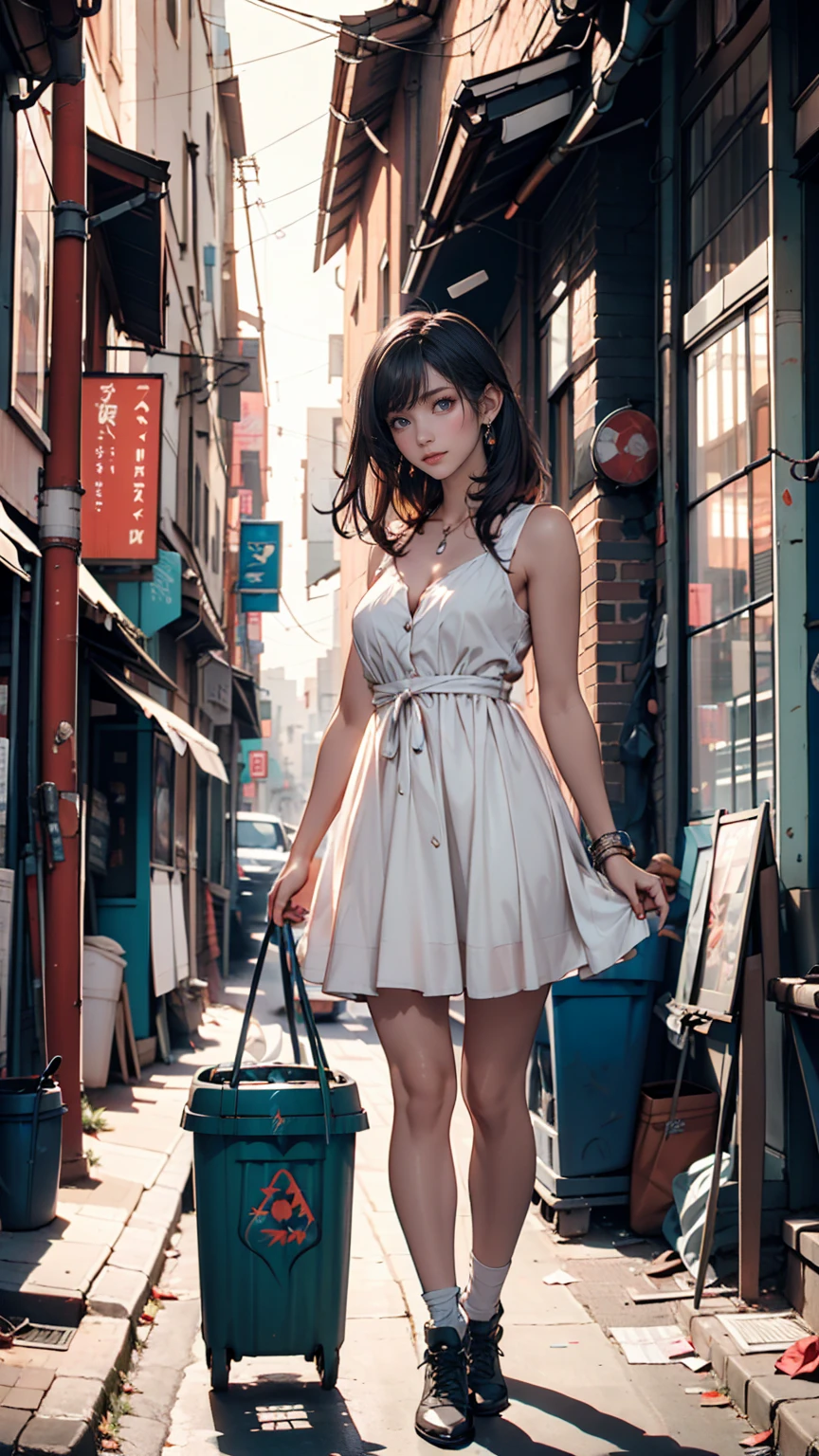 ((masterpiece,  top quality)), girl, Alone,  dress,  standing, halo, alley, Outdoor, bangs, white  dress, Gray Hair,  long hair, Black footwear,  industrial pipe,  viewer, Air conditioning,Dim lighting, garbage, garbage bin, hxh2011 