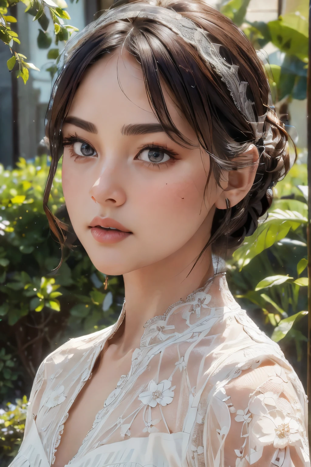 best quality, masterpiece,intricate detail, depth of field,highest quality,extremely detailed,high res,4k,ultra high res,detailed shadow,ultra realistic,realistic,dramatic lighting, 1girl, solo,detailed face,detailed eye,realistic skin,narrow waist,lace, lace trim,dress,delicate pattern, intricate detail,