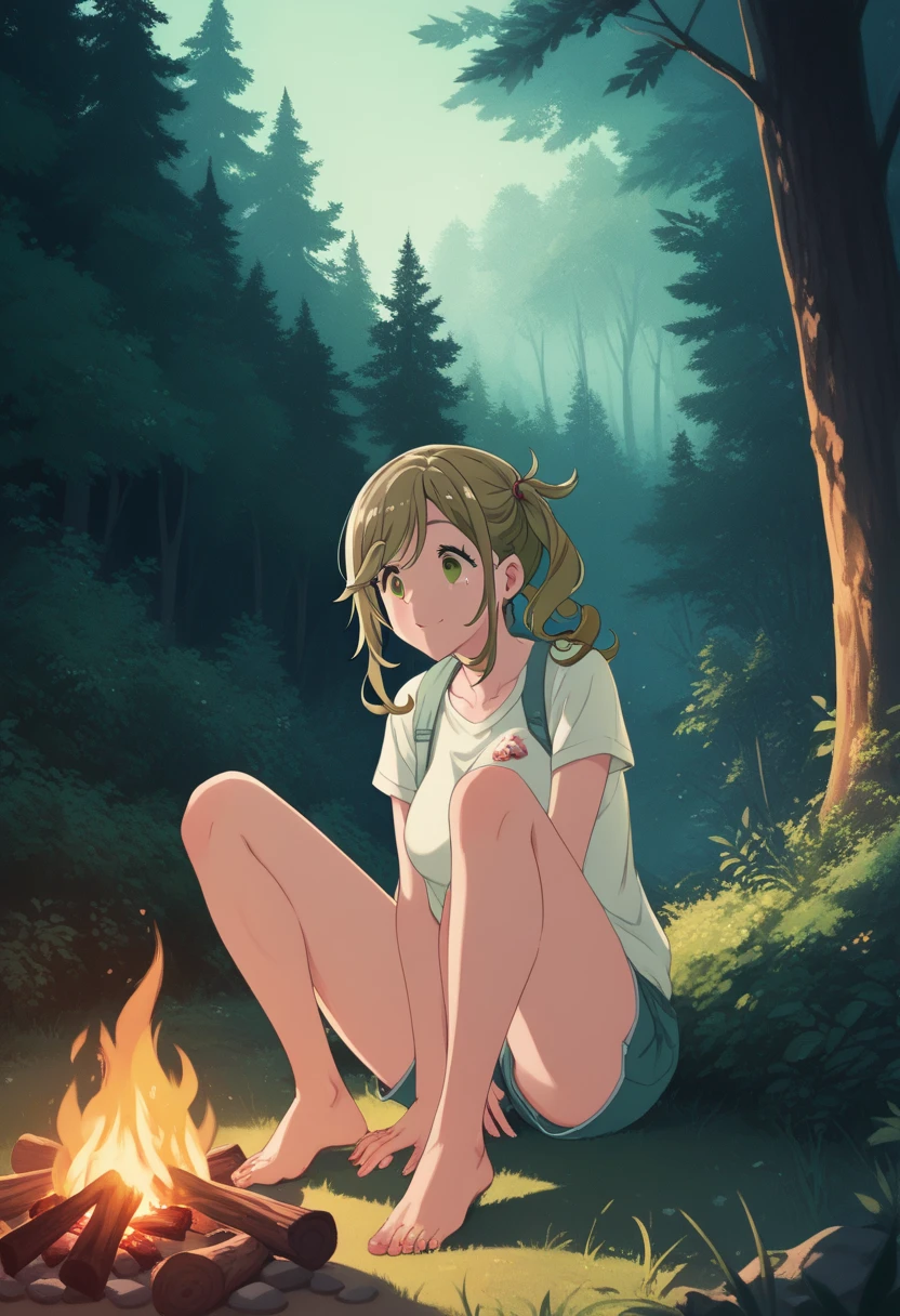 Inuyama Aoi, a girl with exaggerated breasts camping in the forest, wearing a mini camp wear, looking between legs, 1girl,forest environment, campfire, soft lighting, warm color palette, 8k, high quality, masterpiece