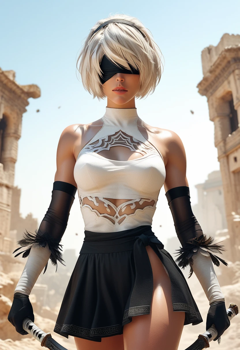 1woman, ((2B)),(Nier Automata 2B), white hair, blindfold over eyes, (ultra-detailed face), accurate face, black tomboy skirt over white leotard, high side slits in skirt, sleeveless, black over-elbow gloves, (well defined shoulders), fighting poses, wielding giant katanas in both hands, wide angle, outdoor sandy dunes backdrop, ancient skyscraper ruins in background, PL4YB0YP0S3 