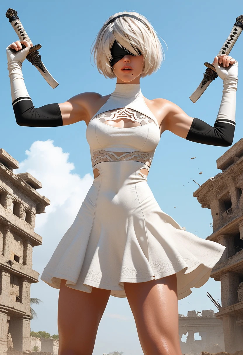 1woman, ((2B)),(Nier Automata 2B), white hair, blindfold over eyes, (ultra-detailed face), accurate face, black tomboy skirt over white leotard, high side slits in skirt, sleeveless, black over-elbow gloves, (well defined shoulders), fighting poses, wielding giant katanas in both hands, wide angle, outdoor sandy dunes backdrop, ancient skyscraper ruins in background, PL4YB0YP0S3 