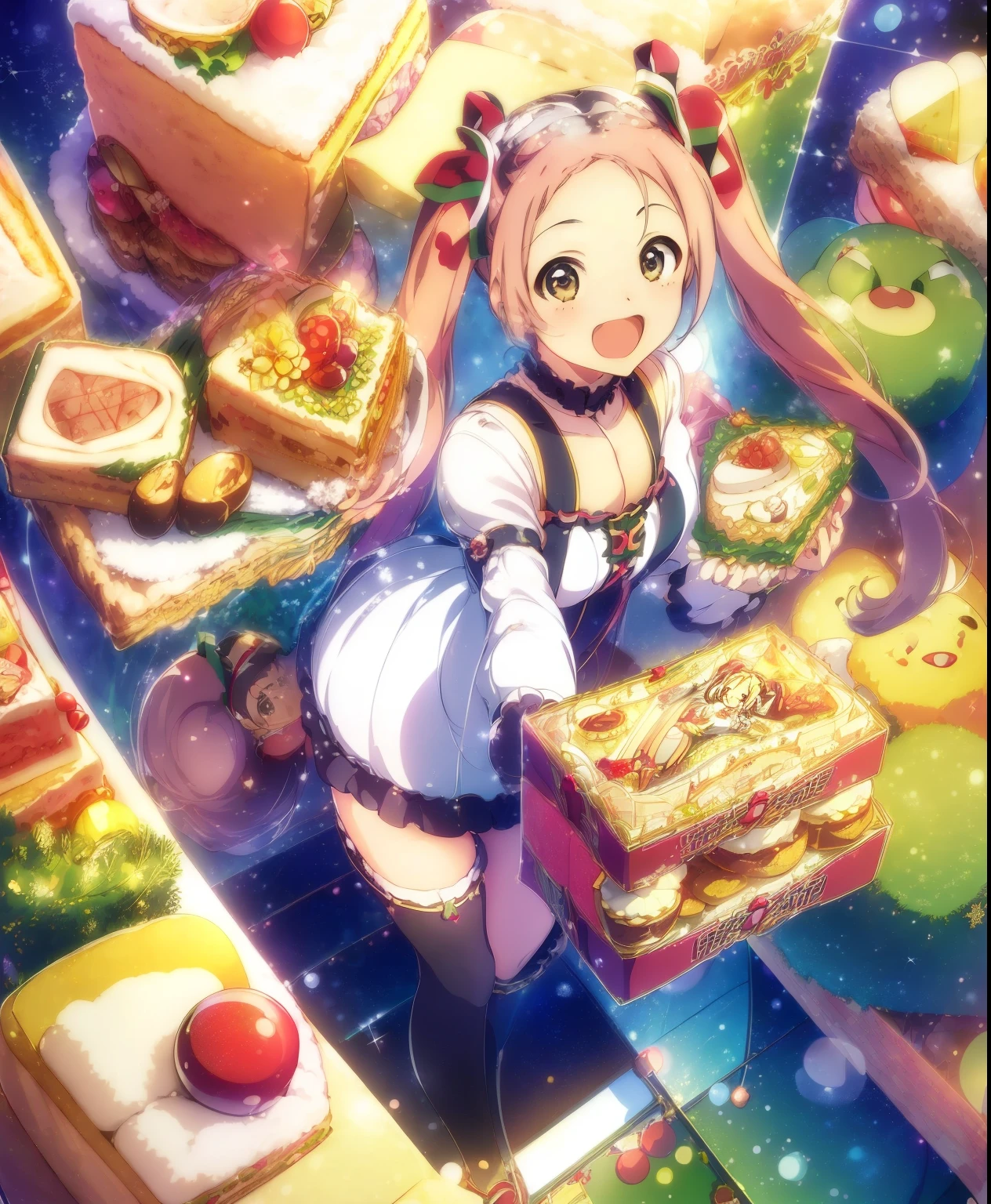 (masterpiece、 top quality、 top quality、 official art、 beautiful and beautiful :1.2)、( one girl:1.3) Hatsune Miku 、 twin tails, Beautiful breasts, Christmas、 Santa cosplay holding a box of cakes、Chibi character、Stickers