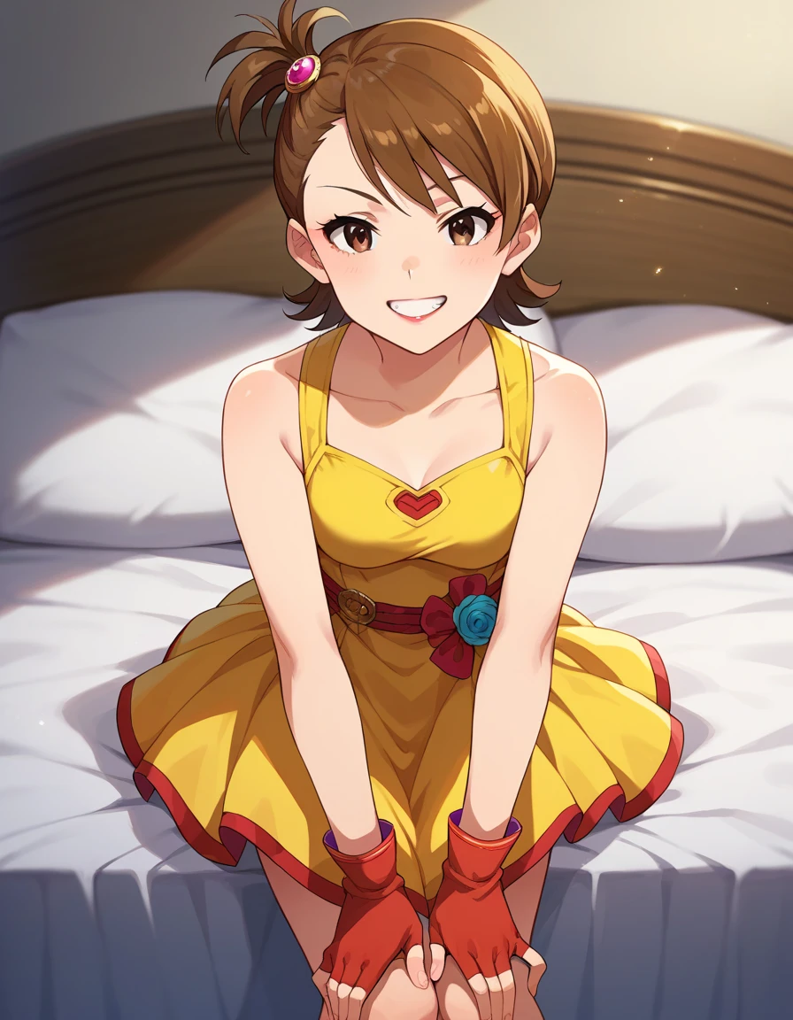 score_9, score_8_up, score_7_up, source_anime,
1girl, solo, grin, smile, lipstick red, makeup,  bedroom, looking at viewer,
ftmam, short hair, brown hair, side ponytail, bangs, brown eyes, small breasts,
yellow dress, gloves black, fingerless gloves,