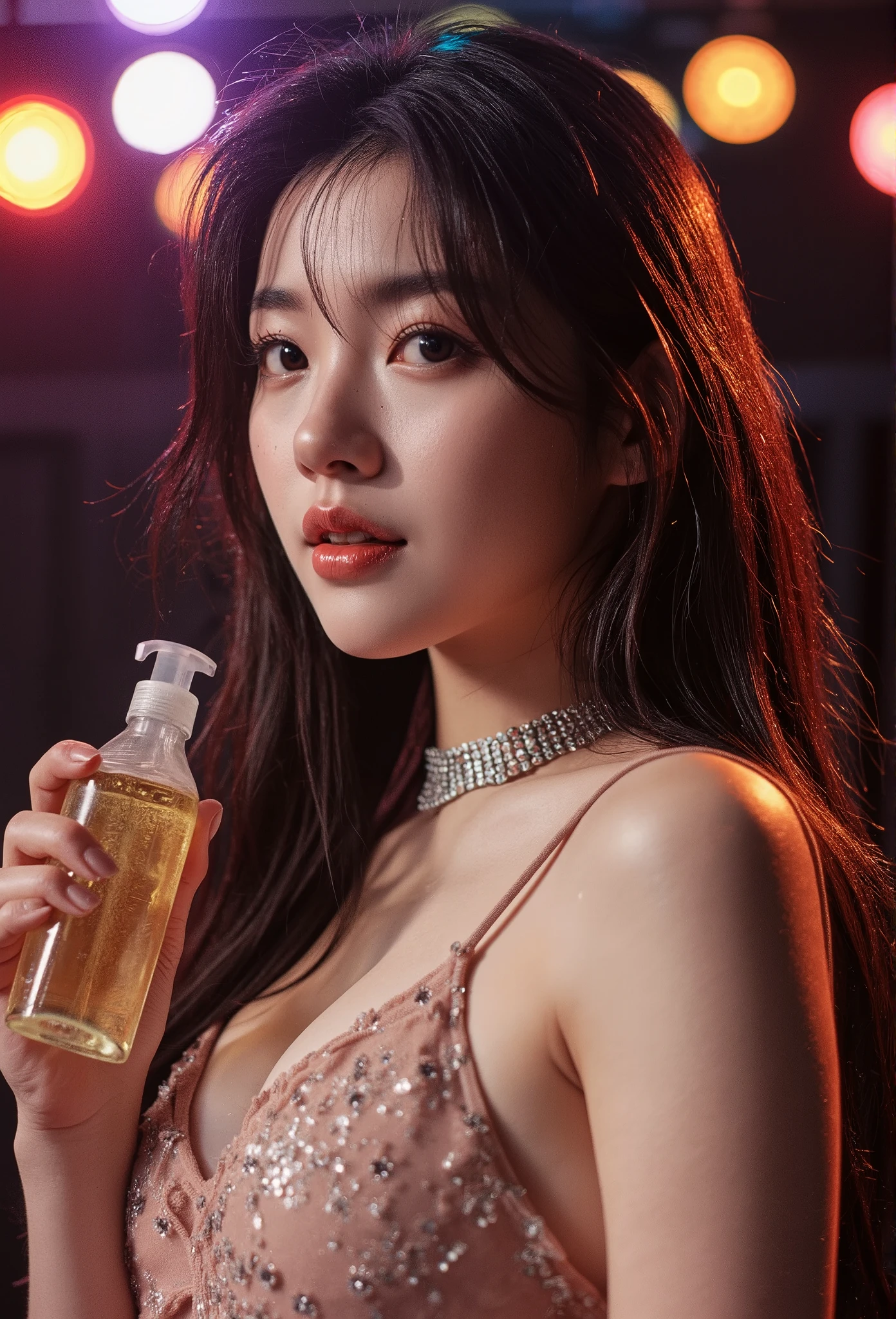 Low angle shot of beautiful so sexy Japanese woman, dancing on disco stage alone, White skin, long spreading hair, very wet, body drenched, very sexy woman, small breasts, smile, wear only diamond spaghetti strap dress , diamond Choker Necklace, no underwear, she bares skin, clearly revealing a beautiful, six colorful spot light, raise hand seductively, Hold one bottle of shampoo, present shampoo as professional, Gigapixel image, perfect medium breasts with a beautiful neck, the overall mood of the image is sensual and gorgeous. Busty, curvy, wet skin. Windy, intricate detail, 8k resolution, dramatic, romantic scene, heavy shadow, highly detailed, intricate, innocent, illuminated, alive, sharp focus, magnificent, fine detail, clear, aesthetic, stunning, professional and elegant manner. natural makeup that enhances her features, with a focus on clear skin and a subtle glow.