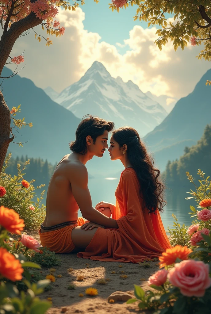 Radha Krishna romantic hot sex in a jungle at the dusk below a tree, over autumn leaves. Beside flowing blue water river