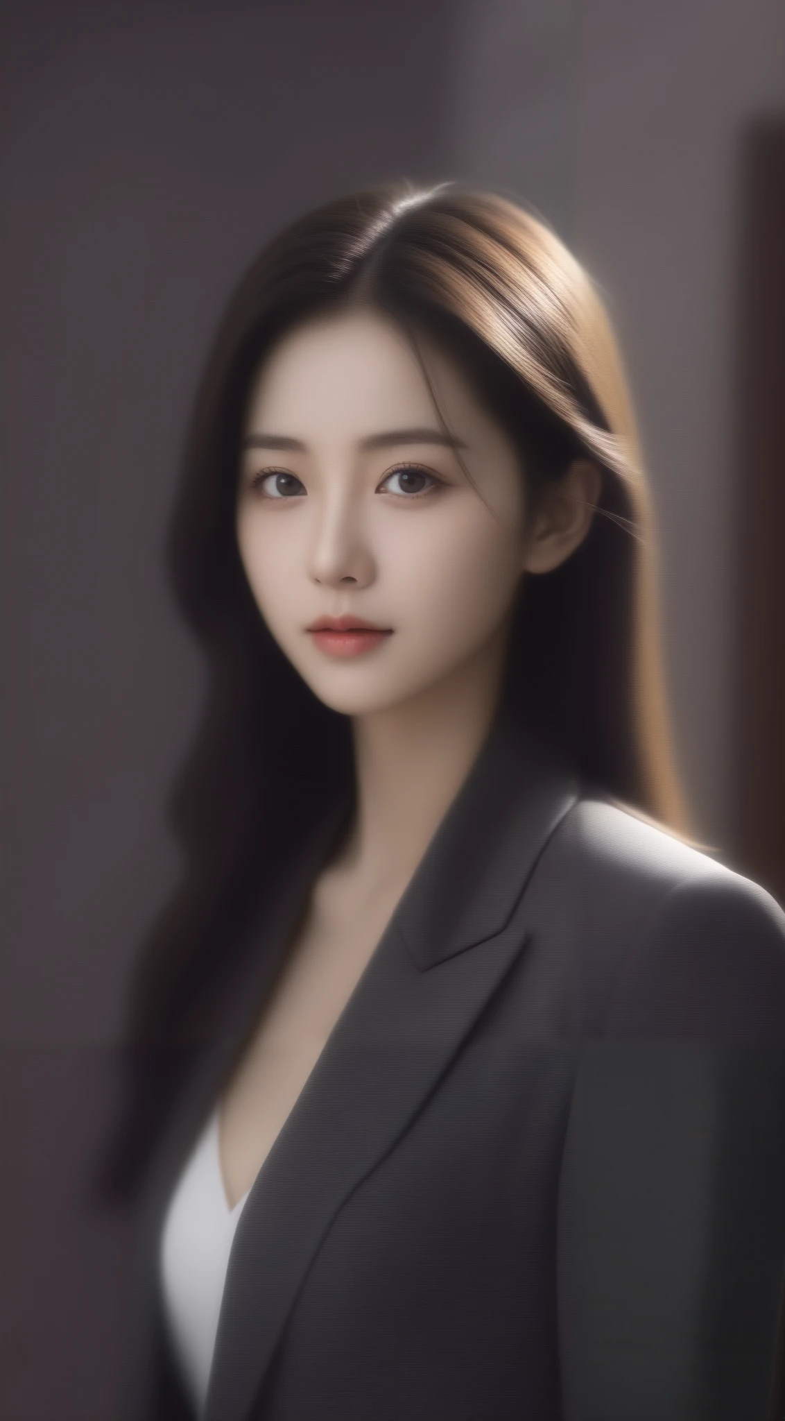 8K,   ultra-high resolution  ,   Top quality, masterpiece, 三分割法photo ,  Surrealism  ,  photo ,   1 girl, (:1.3),   pretty girl,   cute faces,   detailed eyes ,  a girl  :1.2,   Japanese female announcer  ,desktop,glare,  dark haired,  hair combed backwards  ,blazer uniform,  white shirt, chest buttons open ,  focus clearly、  Perfect Motion Composition  、Beautiful and   detailed、Thinning hair、  realistic skin texture，Pay attention to details、  Smile、Close-up portrait、Model body type  ,  and watch the audience、beauty,Long Neck、(((Ideal body ))),A cup small breasts :2,、image:2、  perfect anatomy ， detailed、  detailed、  Surrealism  、Light and Shadow,glare