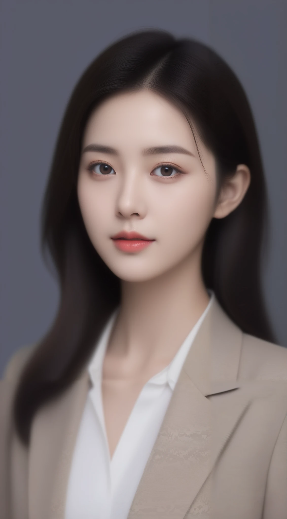8K, ultra-high resolution , Top quality, masterpiece, 三分割法photo , Surrealism , photo , 1 girl, (:1.3), pretty girl, cute faces, detailed eyes , a girl :1.2, Japanese female announcer ,desktop,glare, dark haired, hair combed backwards ,blazer uniform, white shirt, chest buttons open , focus clearly、 Perfect Motion Composition 、Beautiful and detailed、Thinning hair、 realistic skin texture,Pay attention to details、 Smile、Close-up portrait、Model body type , and watch the audience、beauty,Long Neck、(((Ideal body ))),A cup small breasts :2,、image:2、 perfect anatomy , detailed、 detailed、 Surrealism 、Light and Shadow,glare