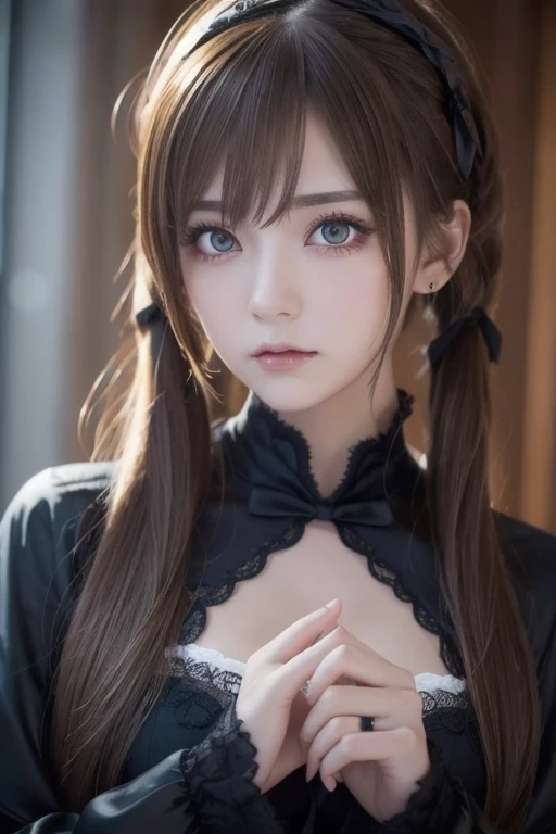 Starry Eyes,  Immortal , Ahoge, hair, Star-shaped pupil,  Amber Eyes ,   Colored Contact Lenses , ,  high detail, Anime, Romanticism, 【Contemporary, Gothic art, Anime style,  movie lighting,  ray tracing, Motion Ry, close-up,  Sony FEGM ,  super high resolution,  high detail,  top quality, 8k, Big Breasts, light brown hair,  have ,  twin tails,  fingers, Well-formed fingers,  long jacket , ribbon, mystery, knitted  have , snow, anger, impatience