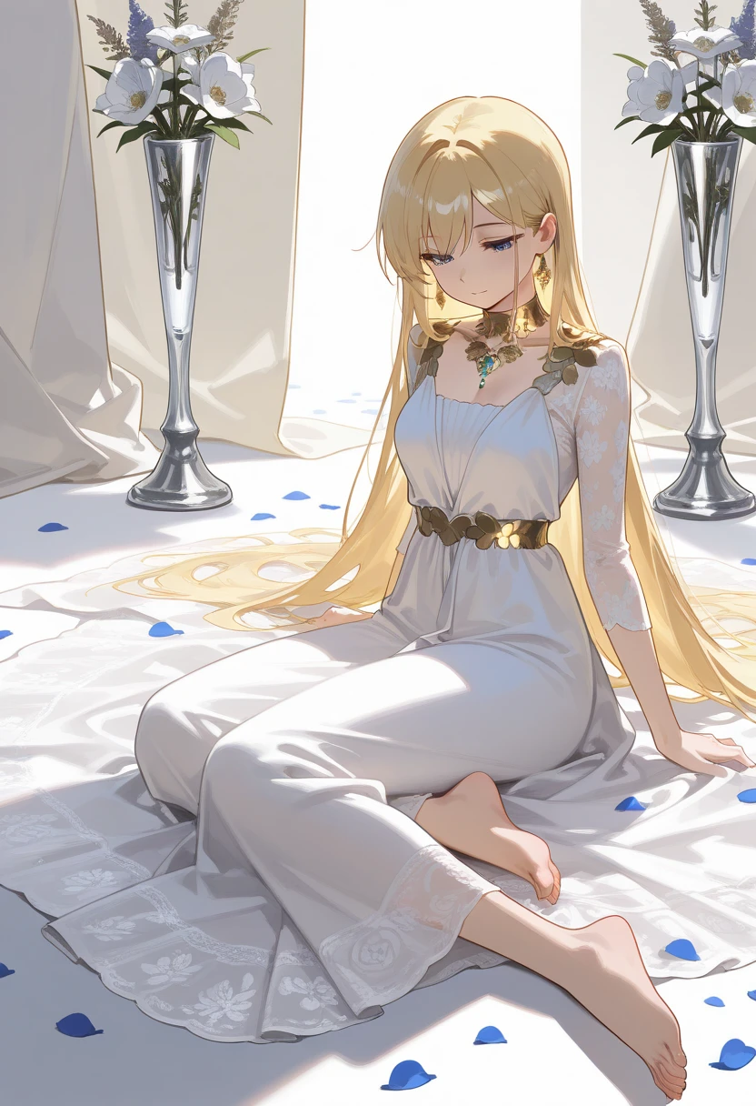 Elegant style, Soft Realism, best quality, beautiful blonde-haired woman in intricate white dress, golden accents, sitting gracefully, surrounded by white doves, delicate flowers in a silver vase, barefoot with elegant jewelry, peaceful and refined atmosphere, petals scattered on the ground, soft shadows, [minimalistic white background:5], gentle and serene expression, intricate fabric details, ethereal and pure mood
