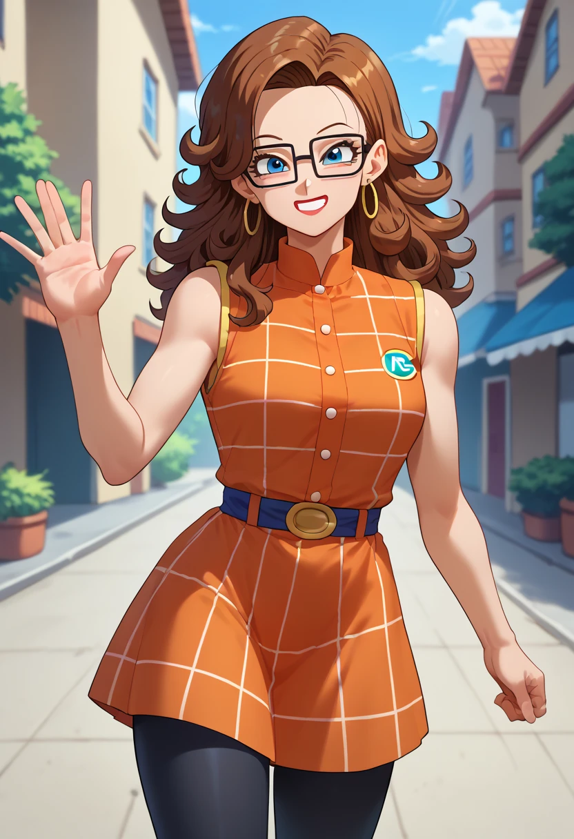 masterpiece, best quality, highres, aaandro, brown hair, long hair, curly hair, blue eyes, hoop earrings, blue and red two-tone dress, plaid dress, sleeveless, black tights, dragon ball, outdoor, waving, smile, glasses, yellow lipstick