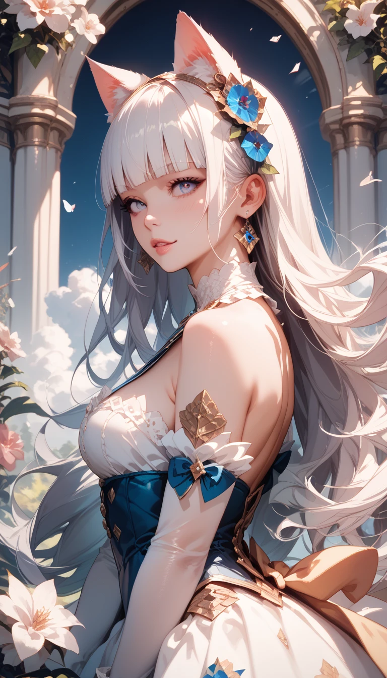 (((Best quality, 8k, Masterpiece: 1.3)), ((best quality)), ((masterpiece)), (detailed), perfect face, perfect body, (detailed skin:1.3), (intricate details), white hair, hime cut, cat ears