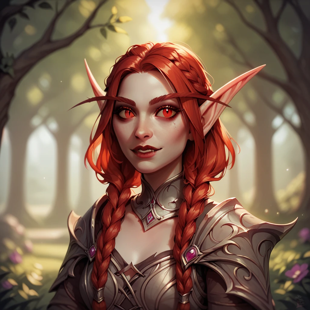 ((( beautiful ,  high quality))), upper Body, score_9, score_8_up, score_7_up, 
elf, pointed ears, long eyebrows ,
 1girl,   red hair , Braids,  red eyes , armor,  pale skin , Vampire, elfийские уши, middle decalte ,  chest visible
Looks at the viewer, posing, blurred background,