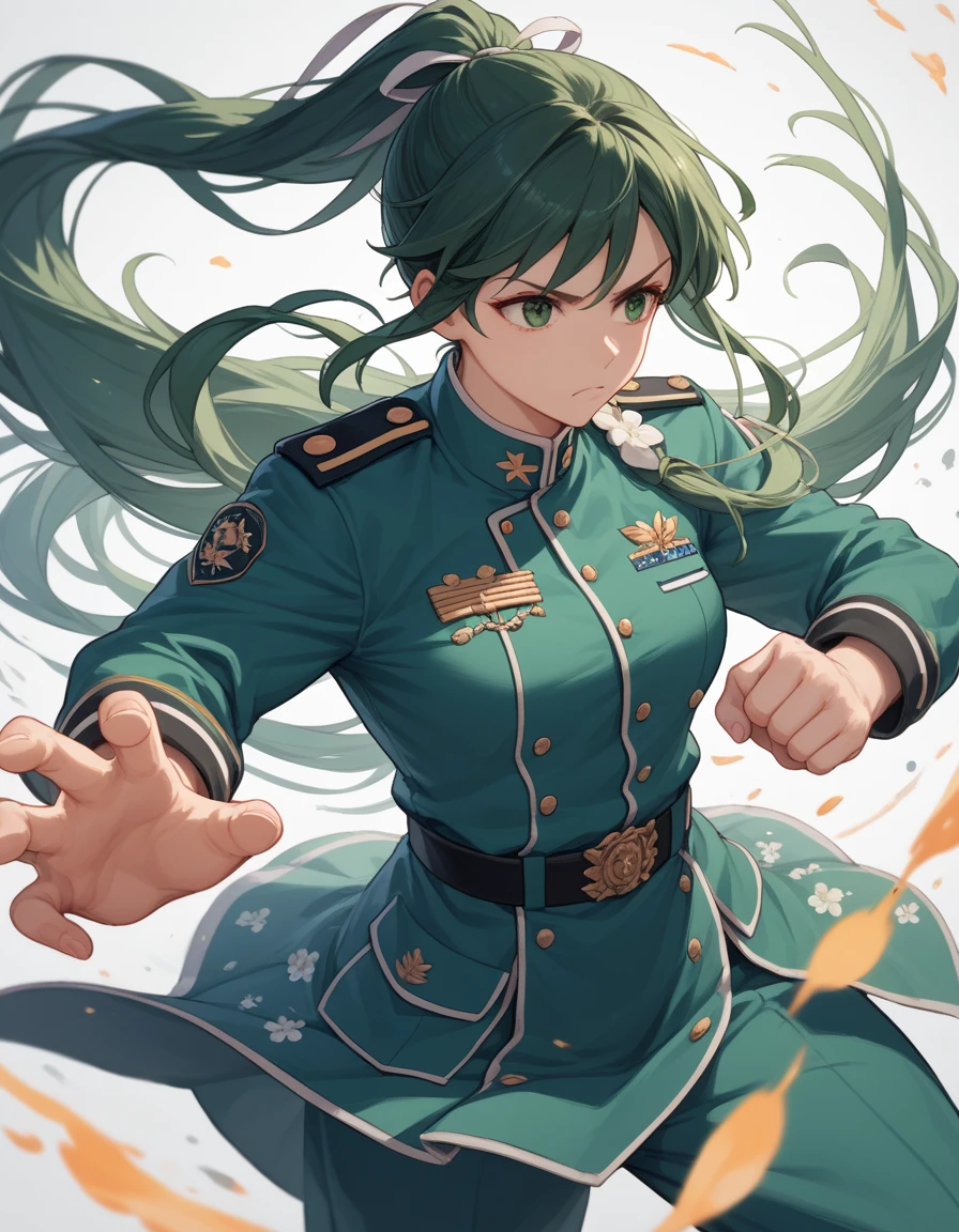 Rin々Shii woman，Dark green long hair， ponytail，uniform，Bright ， image color is green，Floral emblem on shoulder， is fighting