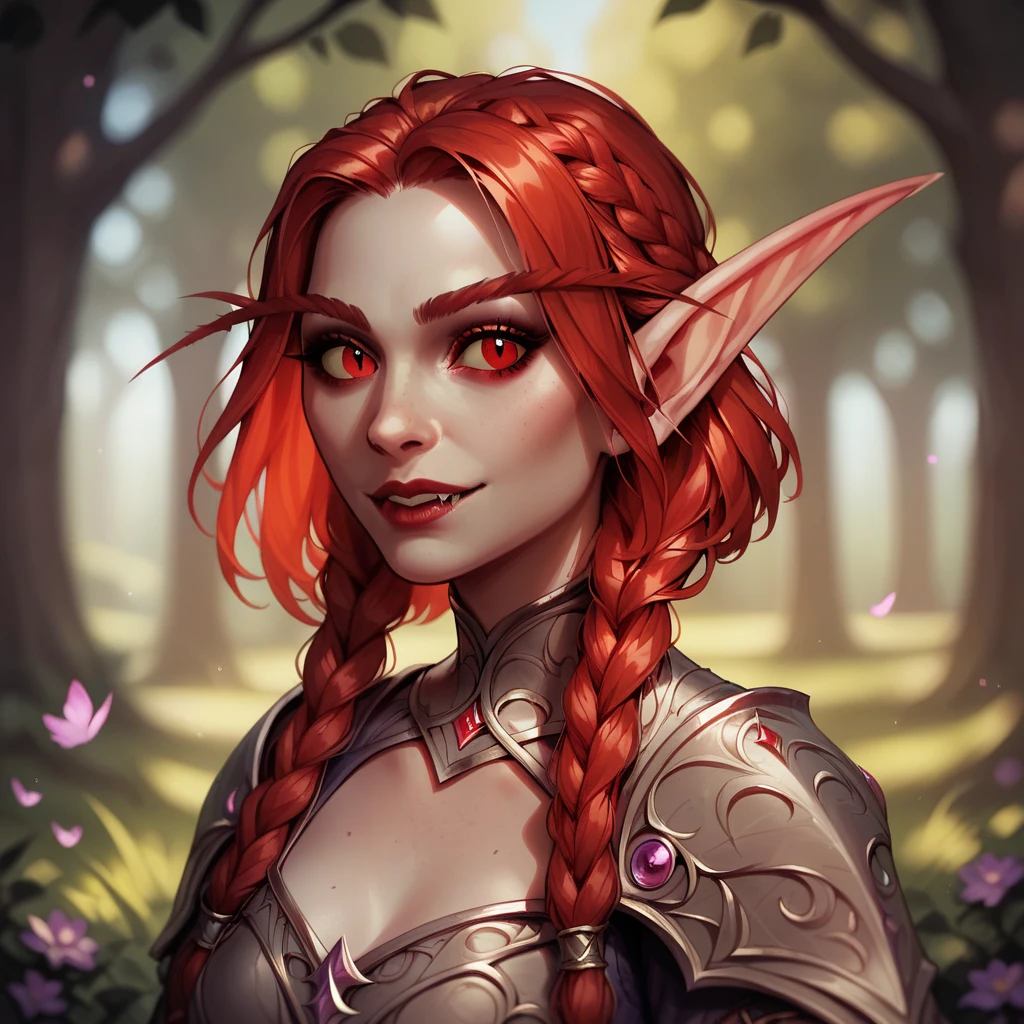 ((( beautiful ,  high quality))), upper Body, score_9, score_8_up, score_7_up, elf, pointed ears, long eyebrows ,  1girl,  red hair , Braids,  red eyes , armor,  pale skin , Vampire, elfийские уши, middle decalte , chest visible Looking at the viewer, posing, blurred background,