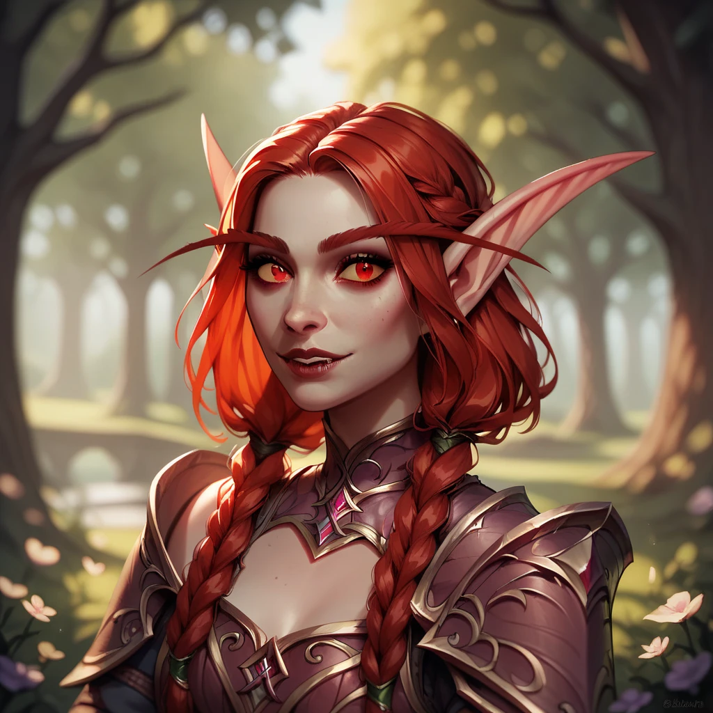 ((( beautiful ,  high quality))), upper Body, score_9, score_8_up, score_7_up, elf, pointed ears, long eyebrows ,  1girl,  red hair , Braids,  red eyes , armor,  pale skin , Vampire, elfийские уши, middle decalte , chest visible Looking at the viewer, posing, blurred background,