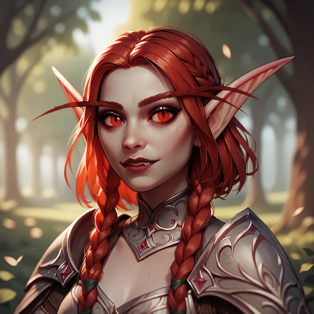 ((( beautiful ,  high quality))), upper Body, score_9, score_8_up, score_7_up, elf, pointed ears, long eyebrows ,  1girl,  red hair , Braids,  red eyes , armor,  pale skin , Vampire, elfийские уши, middle decalte , chest visible Looking at the viewer, posing, blurred background,